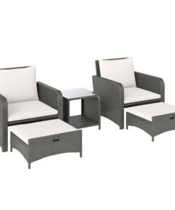 Outsunny Five Piece Rattan Garden Furniture Set with 2-Tier Coffee Table and Ottomans - Cream White