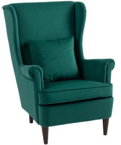 HOMCOM Modern Accent Chair, Upholstered Wingback Armchair with High Backrest and Pillow, Velvet-Feel Fabric Reading Chair with Solid Wood Legs for Living Room, Bedroom, Home Office, Dark Green