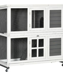 PawHut Wooden Rabbit Hutch, Two-Tier Guinea Pig Cage, with Removable Tray, Wheels