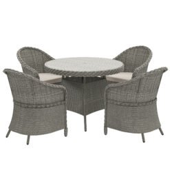Outsunny 4 Seater Rattan Garden Furniture Set with Cushions, Round PE Rattan Dining Set with Glass-Top Table, Umbrella Hole, Outdoor Garden Table and Chairs, Grey