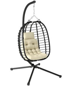 Outsunny Rattan Hanging Egg Chair, Foldable Wicker Hammock Swing Chair with Cushion, Stand, Adjustable Height, Head Pillow, Steel Frame for Garden Patio Indoor Outdoor, Cream White