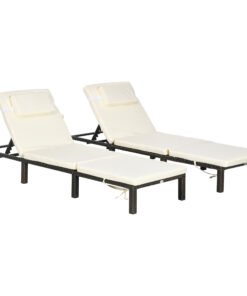 Outsunny Set of Two Reclining Rattan Sun Loungers, with Cushions - Brown/Cream