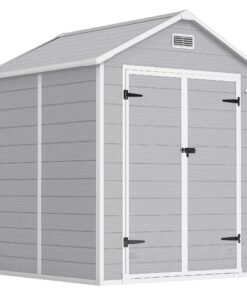 Outsunny 6 x 5ft Garden Shed, Plastic Shed with Floor, Window, Lockable Doors and Vents, Wood Effect Resin Tool Shed for Outdoor Patio, Light Grey
