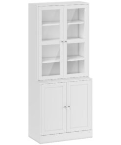 HOMCOM Modern Bookcase with Glass Doors, Display Storage Cabinet with Adjustable Shelves for Living Room, Study, Home Office, Kitchen Cupboard with Small Open Counter, White
