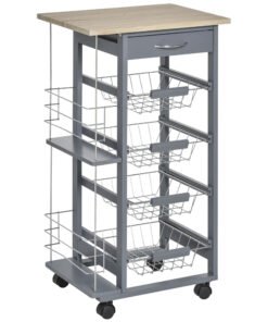 HOMCOM Rolling Kitchen Cart, Utility Storage Cart with 4 Basket Drawers & Side Racks, Wheels for Dining Room, Grey