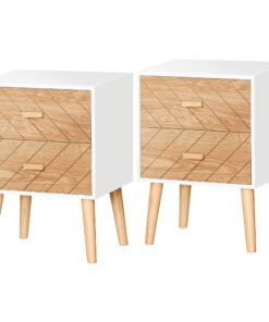 HOMCOM Bedside Table Set of 2, Modern Bedside Cabinets with Drawer and Pine Wood Legs, Nightstand for Bedroom, White and Natural