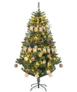 HOMCOM 6' Artificial Prelit Christmas Trees Holiday Décor with Warm White LED Lights, Decoration, Banner, Tag, Ball