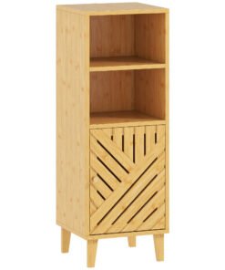 HOMCOM Slim Bathroom Cabinet with Bamboo Door and Legs, Narrow Bathroom Storage Cabinet, Freestanding Storage Cupboard with Open Compartments, 32 x 30 x 90 cm, Natural Wood Finish