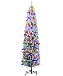 HOMCOM 7ft Snowy Artificial Christmas Tree, with Lights, Decorations and Pine Cones