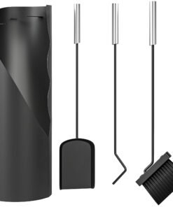 Outsunny 4 Pieces Fireplace Tools Set, Metal Fireplace Accessories Fireside Companion Set with Broom, Shovel, Poker and Bucket, Black