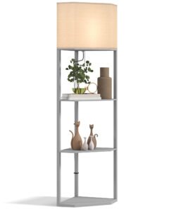 HOMCOM Corner Floor Lamp with Shelves, Tall Standing Lamps for Living Room, with Pull Chain Switch Bulb not Included, Grey