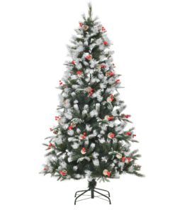 HOMCOM 6FT Artificial Snow Dipped Christmas Tree Xmas Pencil Tree Holiday Home Party Decoration with Foldable Feet Red Berries White Pinecones, Green