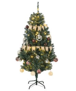 HOMCOM 5' Artificial Prelit Christmas Trees Holiday Décor with Warm White LED Lights, Decoration, Banner, Tag, Ball