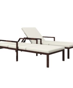 Outsunny Outdoor PE Rattan Sun Lounger Set of 2, Wicker Chaise Recliner Garden Chair with 5-Level Adjustable Backrest and 2 Wheels, Cream White