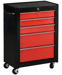 HOMCOM 5-Drawer Tool Chest, Lockable Steel Tool Storage Cabinet with Wheels and Handle Tool Box for Garage, Workshop, Red
