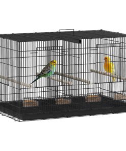 PawHut Bird Cage with Divider, 4 Wooden Perches, Slide Out Tray, 4 Feeders, for Budgie, Lovebird, Canary, 76 x 46 x 46cm, Black