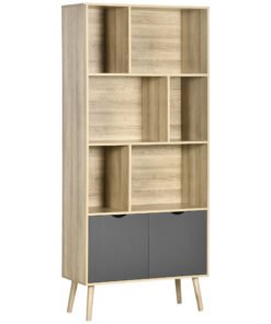 HOMCOM Modern Bookcase with Bottom Cabinet and 6 Open Shelves, Freestanding Bookshelf for Study Living Room Home Office, Natural and Dark Grey