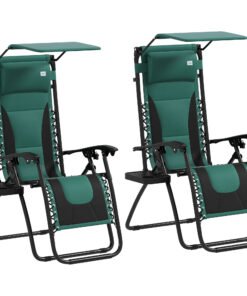 Outsunny Zero Gravity Lounger Chair Set of 2, Folding Reclining Patio Chair with Shade Cover, Padded Seat, Cup Holder, Soft Cushion and Headrest for Poolside, Camping, Green