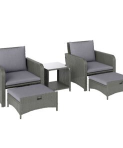 Outsunny Five Piece Rattan Garden Furniture Set with 2-Tier Coffee Table and Ottomans - Grey