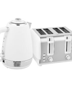 HOMCOM Stainless Steel Kettle and Toaster Set, 1.7L 3000W Rapid Boil Jug Kettle with UK Strix Thermostat, Limescale Filter, 4 Slice Toaster with 7 Browning Controls, Crumb Tray, White and Silver Tone