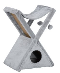 PawHut Two Tier Cat Tree for Indoor Cats Play Rest Activity Tower Plush Folding Relax Center w/ Scratching Post Hammock Pom Poms Grey