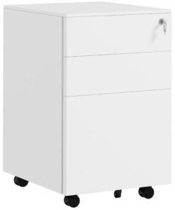 Vinsetto 3-Drawer Vertical Filing Cabinet with Pencil Tray, Lock and 5 Wheels, Steel Mobile File Cabinet, for A4, Legal and Letter Size, Pre-Assembled Body, White