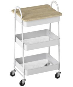 HOMCOM 3-Tier Kitchen Storage Trolley with on Wheels Cover Top Board - White and Oak