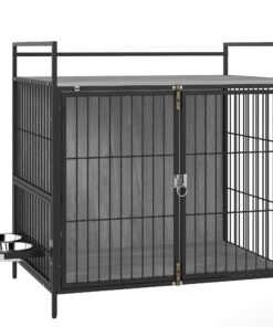 PawHut Dog Crate Furniture with Rotating Bowl Holder, 2 Bowls, 2 Doors, for Medium Dogs, 80 x 56 x 76.5 cm, Grey