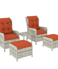 Outsunny 5 Pieces Rattan Bistro Set with Adjustable Back, Reclining Wicker Balcony Furniture with Cushions, Glass Top Coffee Table and Footstools, Outdoor Table and Chairs, Orange