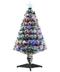 HOMCOM 3ft Artificial Prelit Christmas Tree, Snow Xmas Tree with Colourful LED Lighting Fiber Optics, Green White
