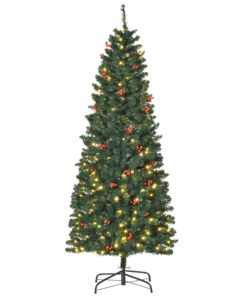 HOMCOM 6FT Prelit Artificial Pencil Christmas Tree with Warm White LED Light, Red Berry, Holiday Home Xmas Decoration, Green