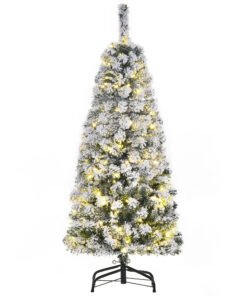 HOMCOM 4FT Prelit Artificial Snow Flocked Christmas Tree with Warm White LED Light, Holiday Home Xmas Decoration, Green White