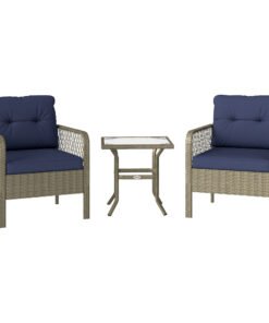 Outsunny 3 Pieces Rattan Bistro Set with Glass Top Coffee Table, Chairs and Cushions for Outdoor, Patio, Balcony, Charcoal Grey