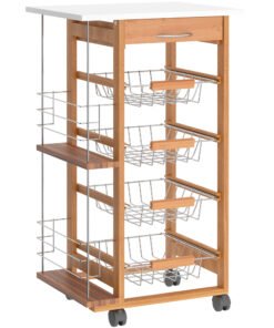 HOMCOM Rolling Kitchen Cart, Utility Storage Cart with 4 Basket Drawers & Side Racks, Wheels for Dining Room, Brown
