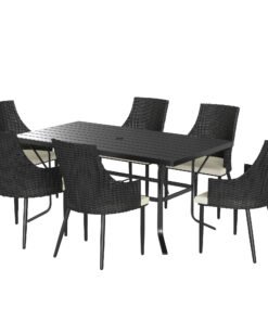 Outsunny 6 Seater Rattan Dining Set with Cushions, Garden Furniture Set with Armchairs, Rectangle Slatted Table Top, Steel Frame, Parasol Hole, Wicker Outdoor Furniture for Patio, Balcony, Cream White