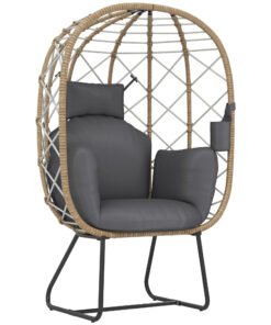 Outsunny Rattan Egg Chair Outdoor Indoor Wicker Chair with Thickened Cushion and Headrest, Standing Garden Egg Chair with Cup Holder, Metal Frame for Patio, Balcony, Brown