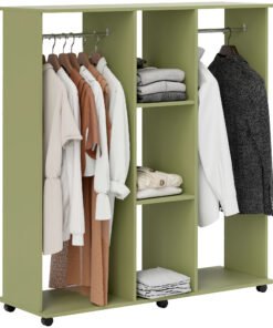 HOMCOM Open Wardrobe Double Mobile Storage Shelves Organizer W/6 Wheels-Green