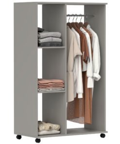 HOMCOM Open Wardrobe on Wheels, Bedroom Wardrobe with Clothes Hanging Rail, 3 Storage Shelves, Mobile Garment Rack for Cloakroom, Hallway, Grey
