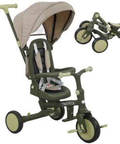 AIYAPLAY 5 in 1 Kids Trike with Adjustable Backrest, Toddler Tricycle with Push Handlebar, Adjustable Backrest, Dark Green