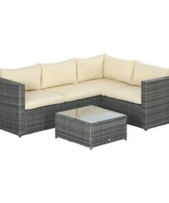 Outsunny 3 Pieces PE Rattan Garden Furniture Set with 10 cm Thick Cushions, 4 Seater Garden Corner Sofa Set with Glass Top Coffee Table, Outdoor Furniture for Patio, Porch, Beige