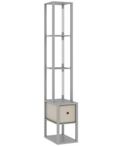 HOMCOM Floor Lamp with Shelves, LED Column Modern Standing Lamp with Fabric Drawer, Adjustable Brightness, Foot Switch for Living Room, Bedroom, Office, Grey