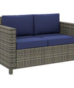 Outsunny Rattan Sofa, 2 Seater Garden Furniture with Soft Padded Cushion and Armrests, Wicker Garden Loveseat for Patio, Navy Blue