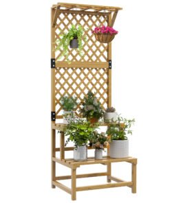 Outsunny Wooden Plant Stand, with Trellis - Natural Finish