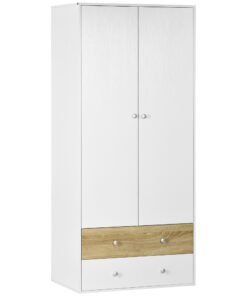 HOMCOM 2-Door Wardrobe with 2 Drawers, Hanging Rod and Anti-tipping Straps for Bedroom Clothes Storage Organisation, White
