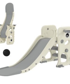 AIYAPLAY 3 in 1 Kids Slide with Climber, Basketball Hoop and Ball, Foldable Indoor Toddler Slide for Ages 2-5, Cream White