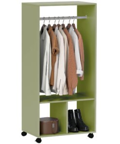 HOMCOM Open Wardrobe on Wheels, Bedroom Wardrobe with Clothes Hanging Rail, 2 Storage Shelves, Mobile Garment Rack for Cloakroom, Hallway, Green