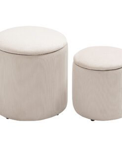 HOMCOM Set of 2 Round Ottoman with Storage, Fabric Vanity Stool for Makeup, Footrest Stool with Removable Lid for Living Room & Bedroom, Cream White