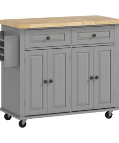 HOMCOM Rolling Kitchen Island Storage Trolley with Rubber Wood Top & Drawers for Dining Room, Grey