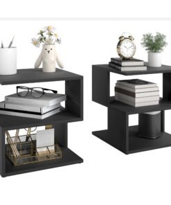 HOMCOM Set of 2 Side Table Square Coffee Table, Modern End Table with 2 Tier Storage Shelves for Living Room, Bedroom, Black