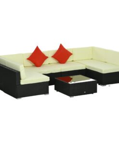 Outsunny Seven-Piece Rattan Garden Set, with Glass-Top Table - Black/Beige